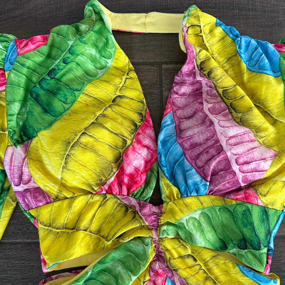 Sexy Tropical Leaves Sea Cycle Swim Long Sleeve Cut Out Swimsuit Sz S 4/6 - Picture 4 of 8